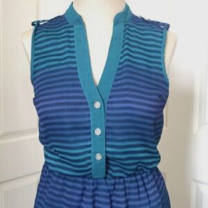 🔴 Vintage Y2K Sleeveless Dress Navy Blue Teal Turquoise Striped